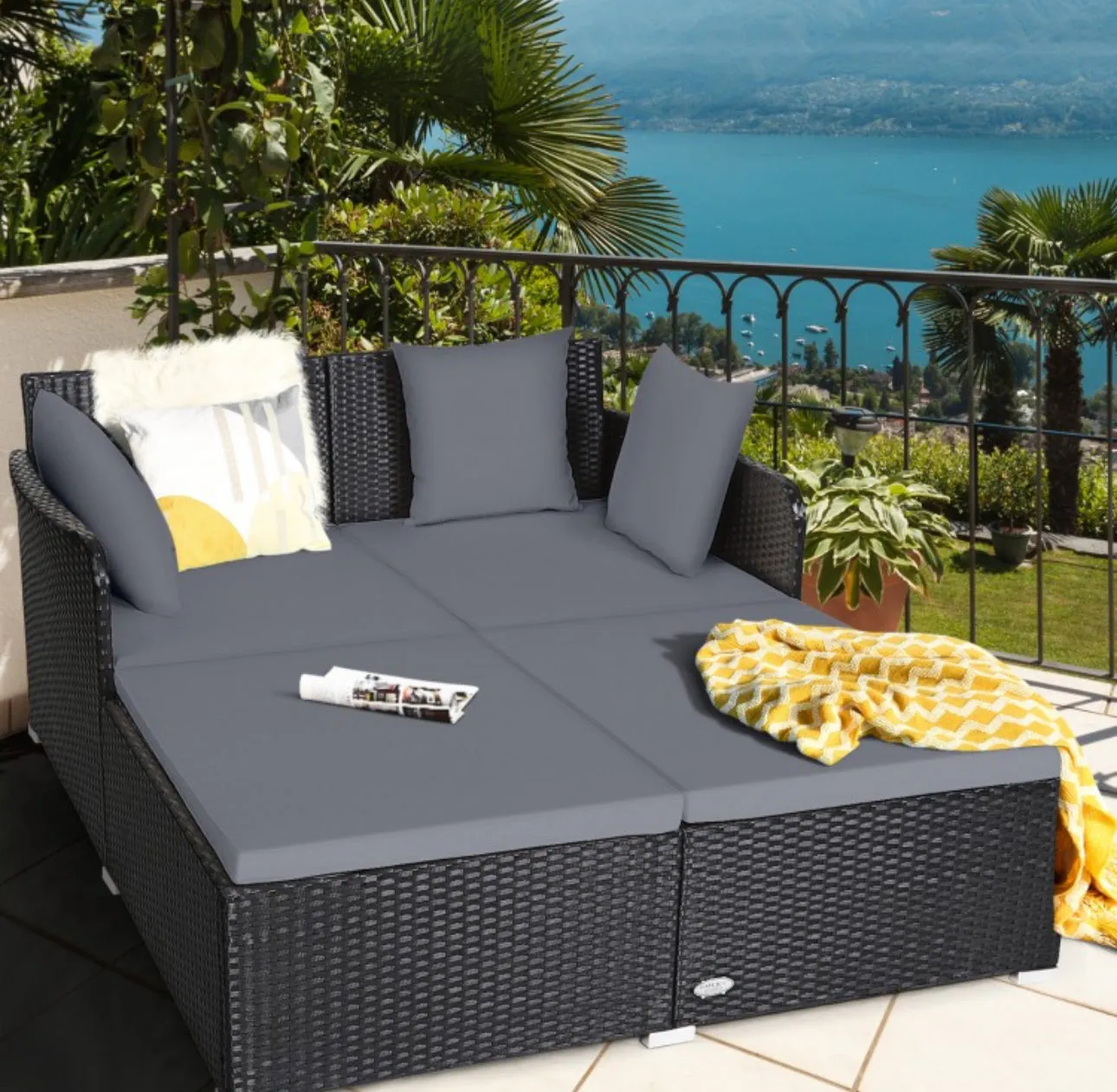 Very Relaxing XXL Spacious Outdoor Rattan Patio Day Bed | Upholstered Extremely Comfortable Cushions, Pillows | Sectional Furniture Set