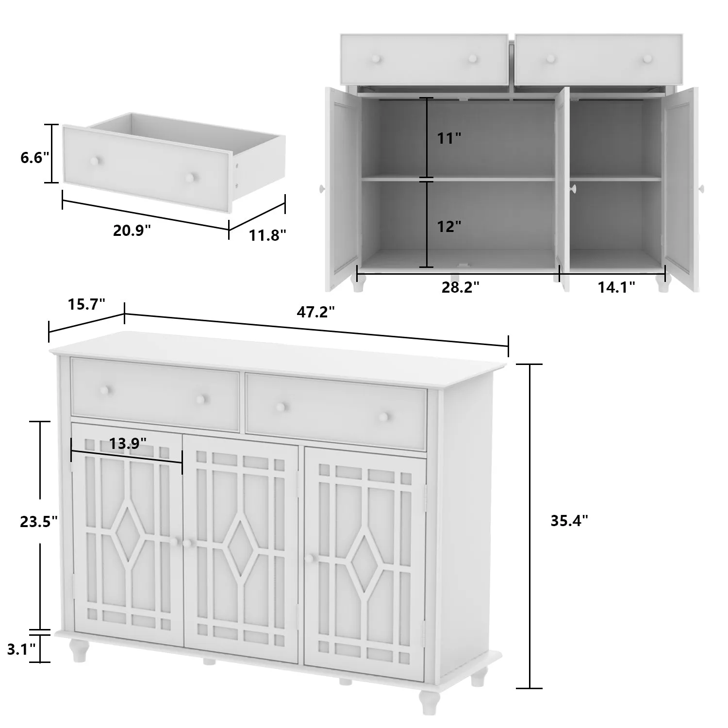 White Buffet Cabinet Storage Sideboard Organizer with Glass Doors