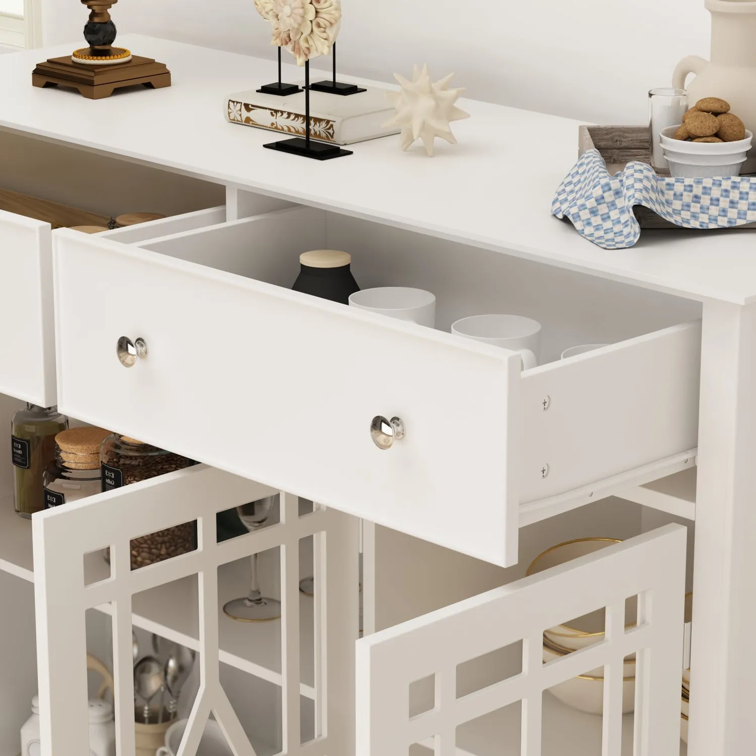 White Buffet Cabinet Storage Sideboard Organizer with Glass Doors