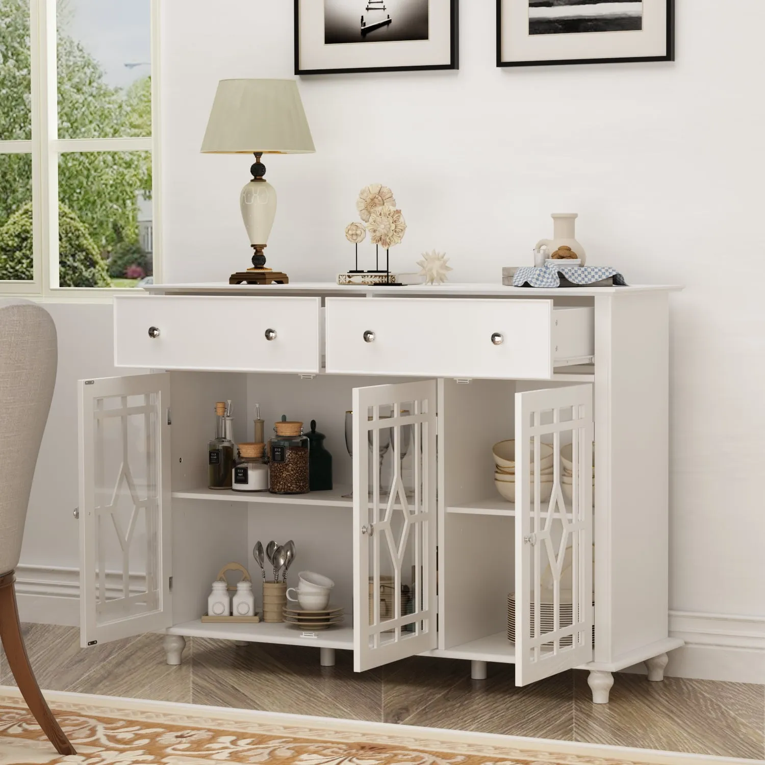 White Buffet Cabinet Storage Sideboard Organizer with Glass Doors