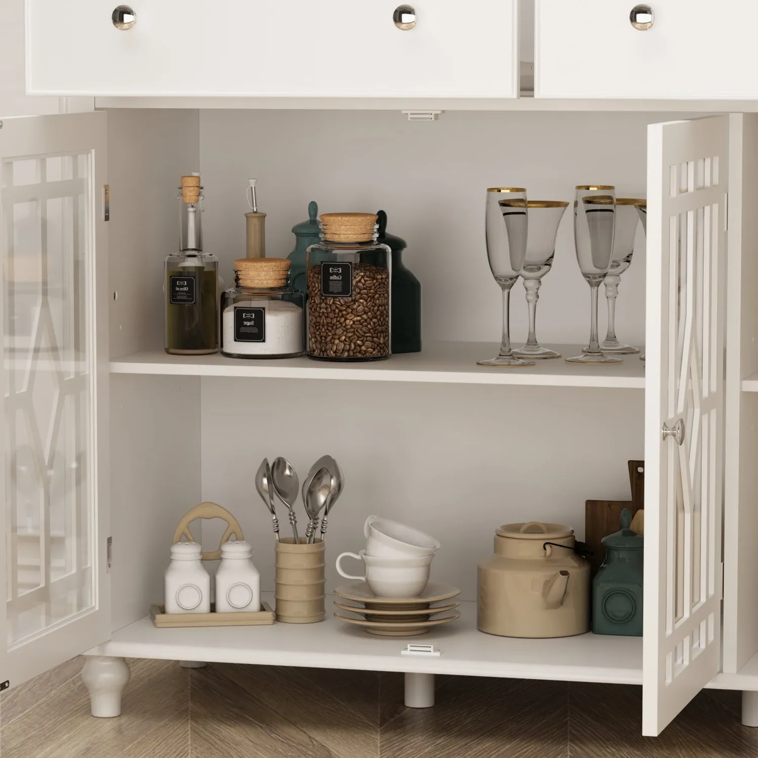 White Buffet Cabinet Storage Sideboard Organizer with Glass Doors