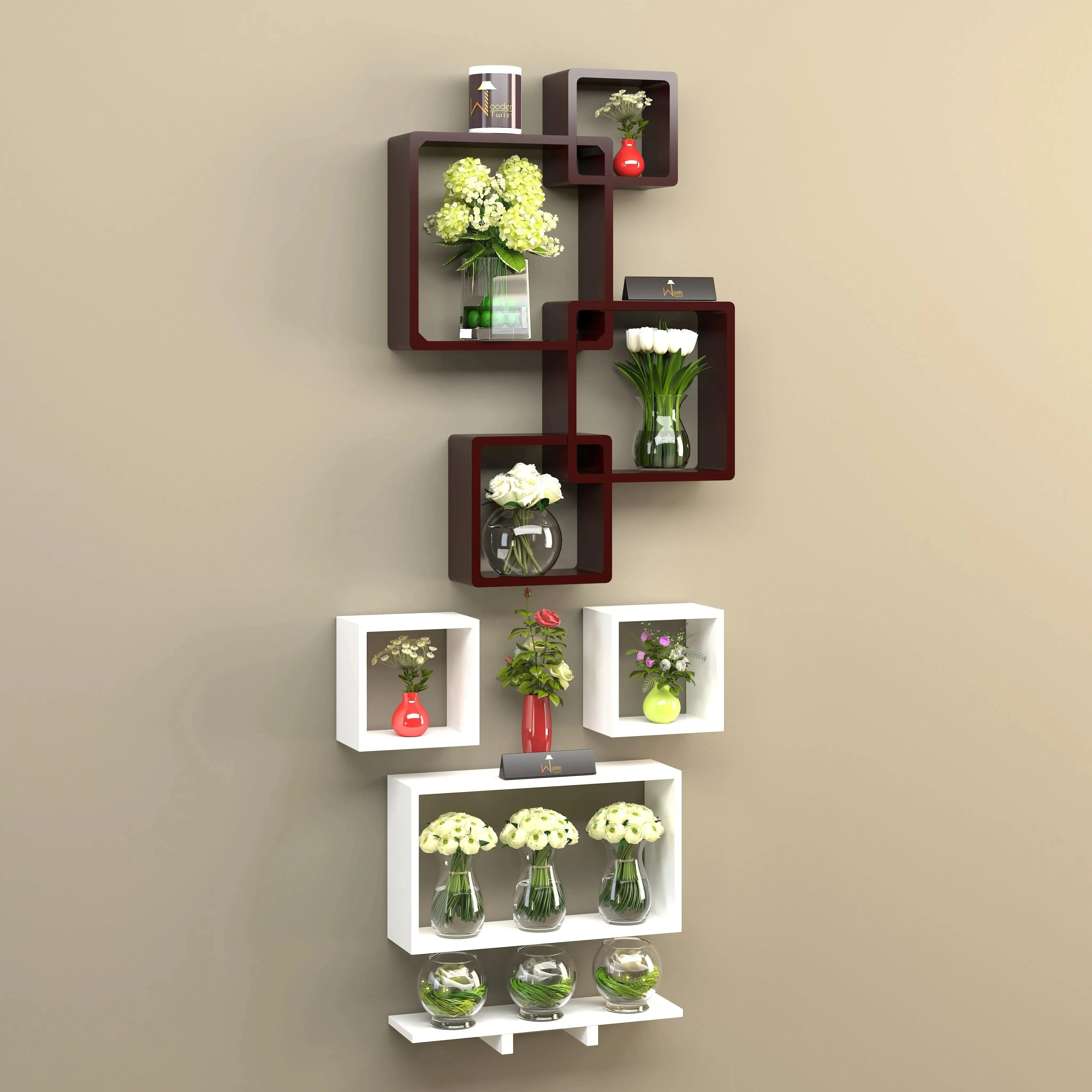 Wooden Rafuf Designer Intersecting Wall Shelves (Set of 8)