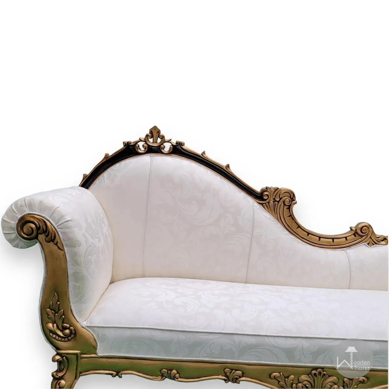 Wooden Twist Traditional Teak Wood Hand Carved Deewan Chaise Lounge Golden Finish Couch for Elegant Home Décor