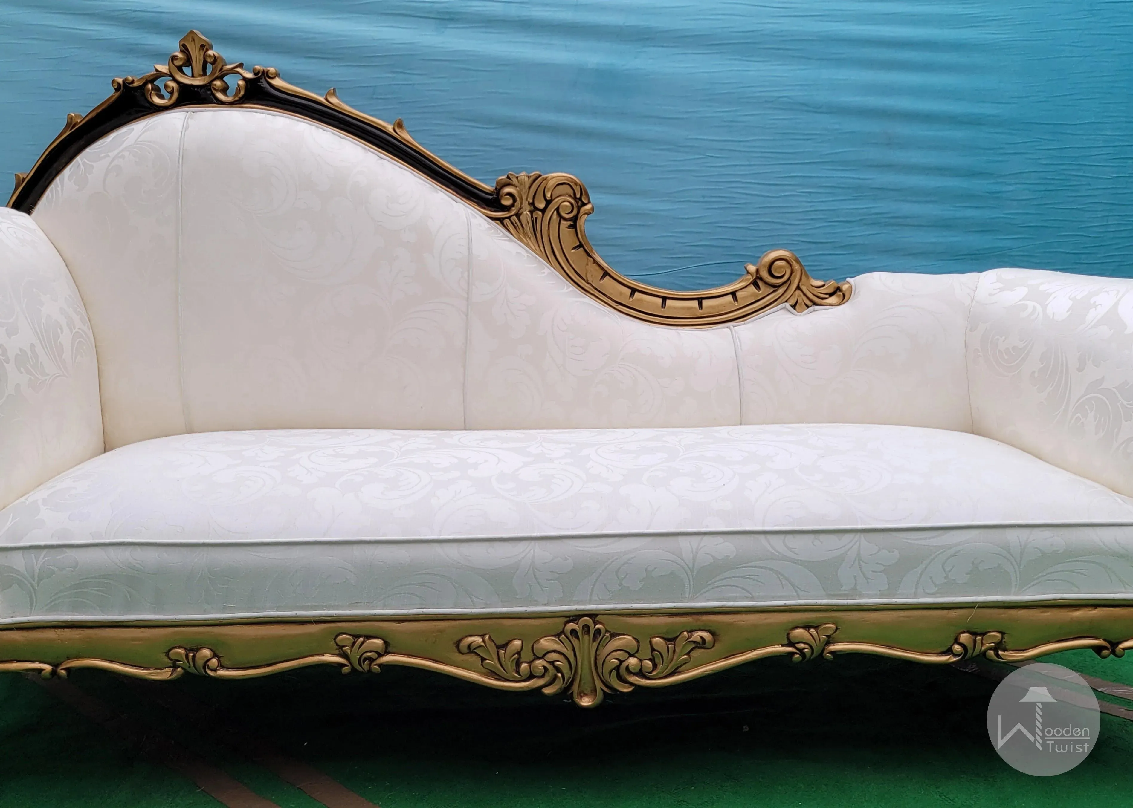 Wooden Twist Traditional Teak Wood Hand Carved Deewan Chaise Lounge Golden Finish Couch for Elegant Home Décor