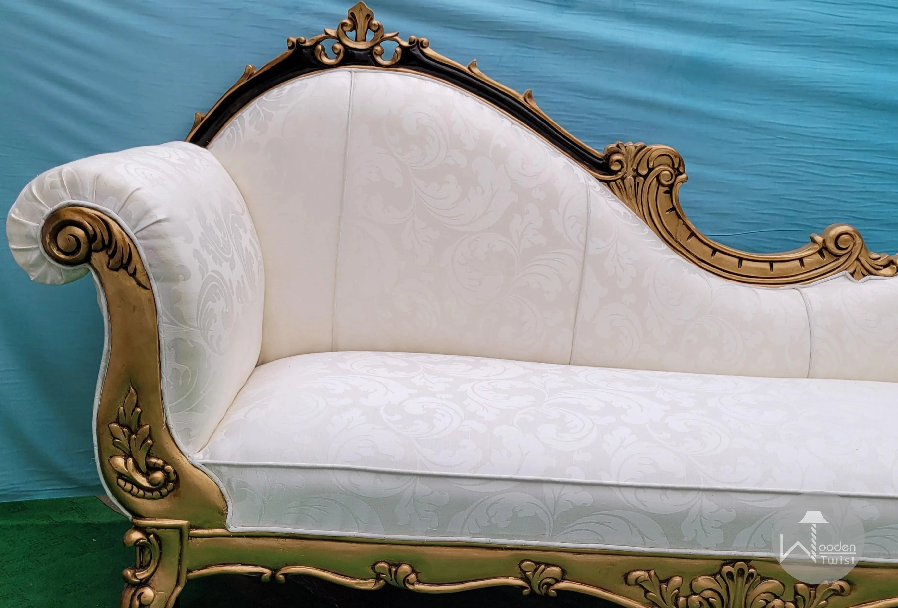 Wooden Twist Traditional Teak Wood Hand Carved Deewan Chaise Lounge Golden Finish Couch for Elegant Home Décor