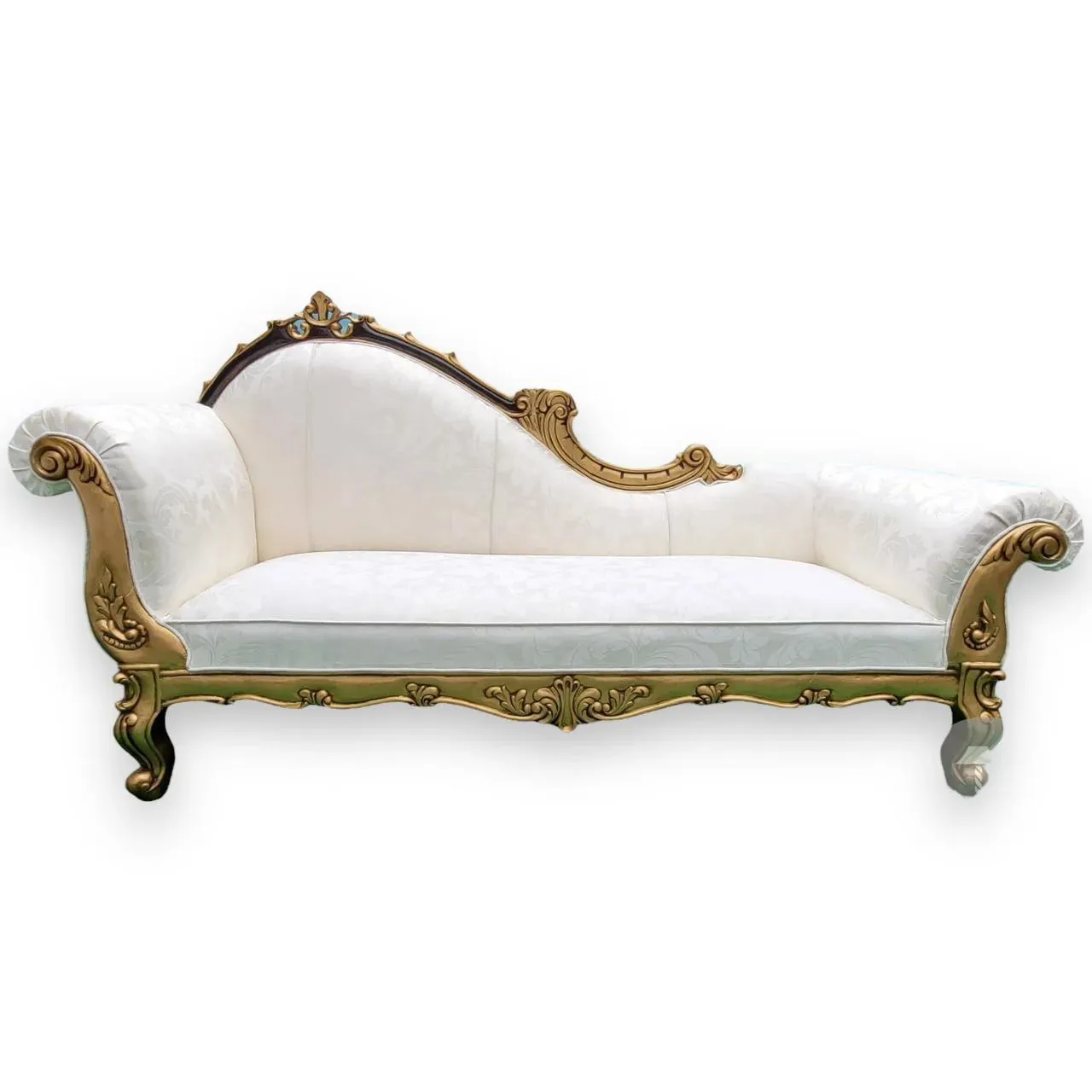 Wooden Twist Traditional Teak Wood Hand Carved Deewan Chaise Lounge Golden Finish Couch for Elegant Home Décor