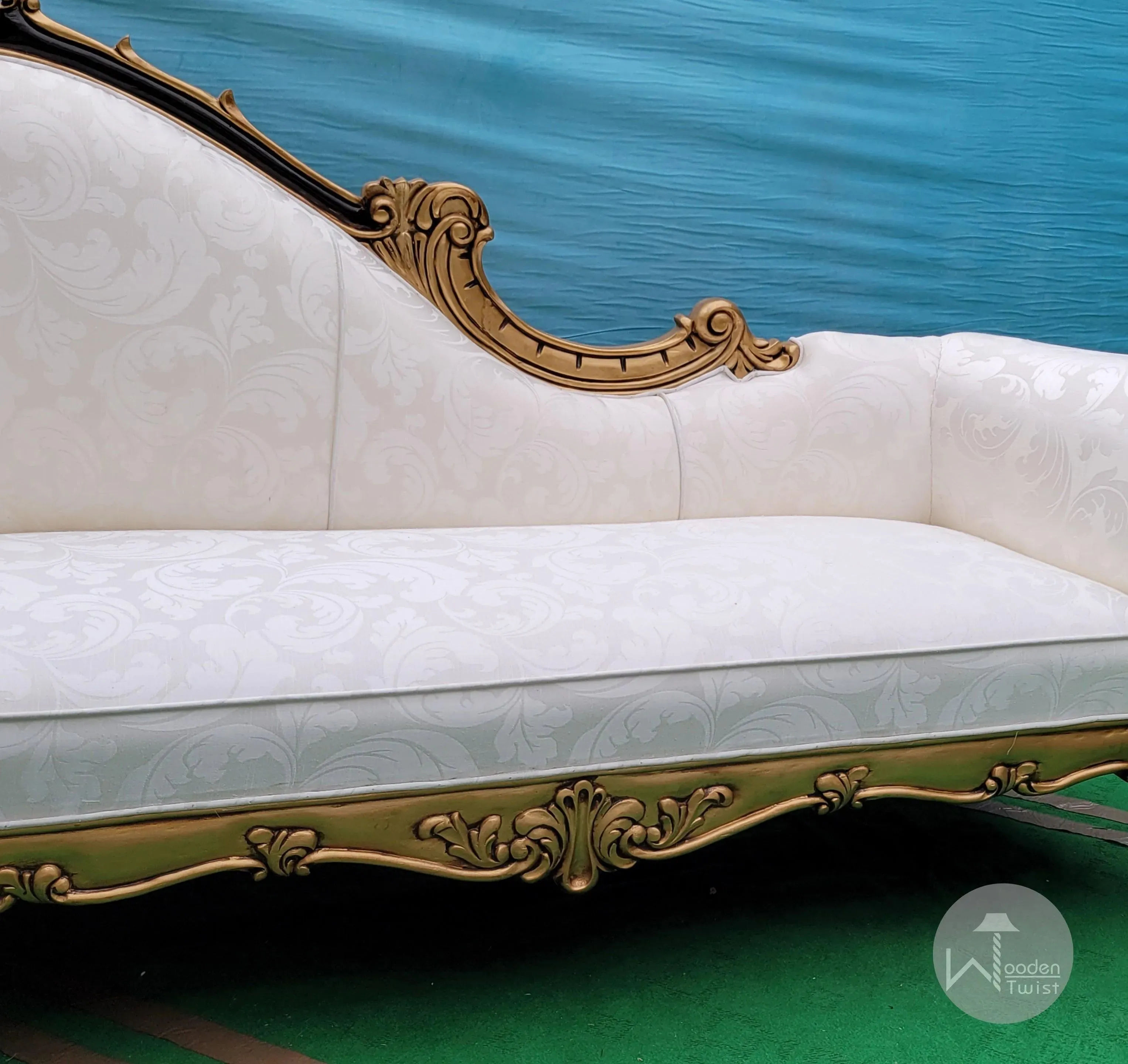 Wooden Twist Traditional Teak Wood Hand Carved Deewan Chaise Lounge Golden Finish Couch for Elegant Home Décor