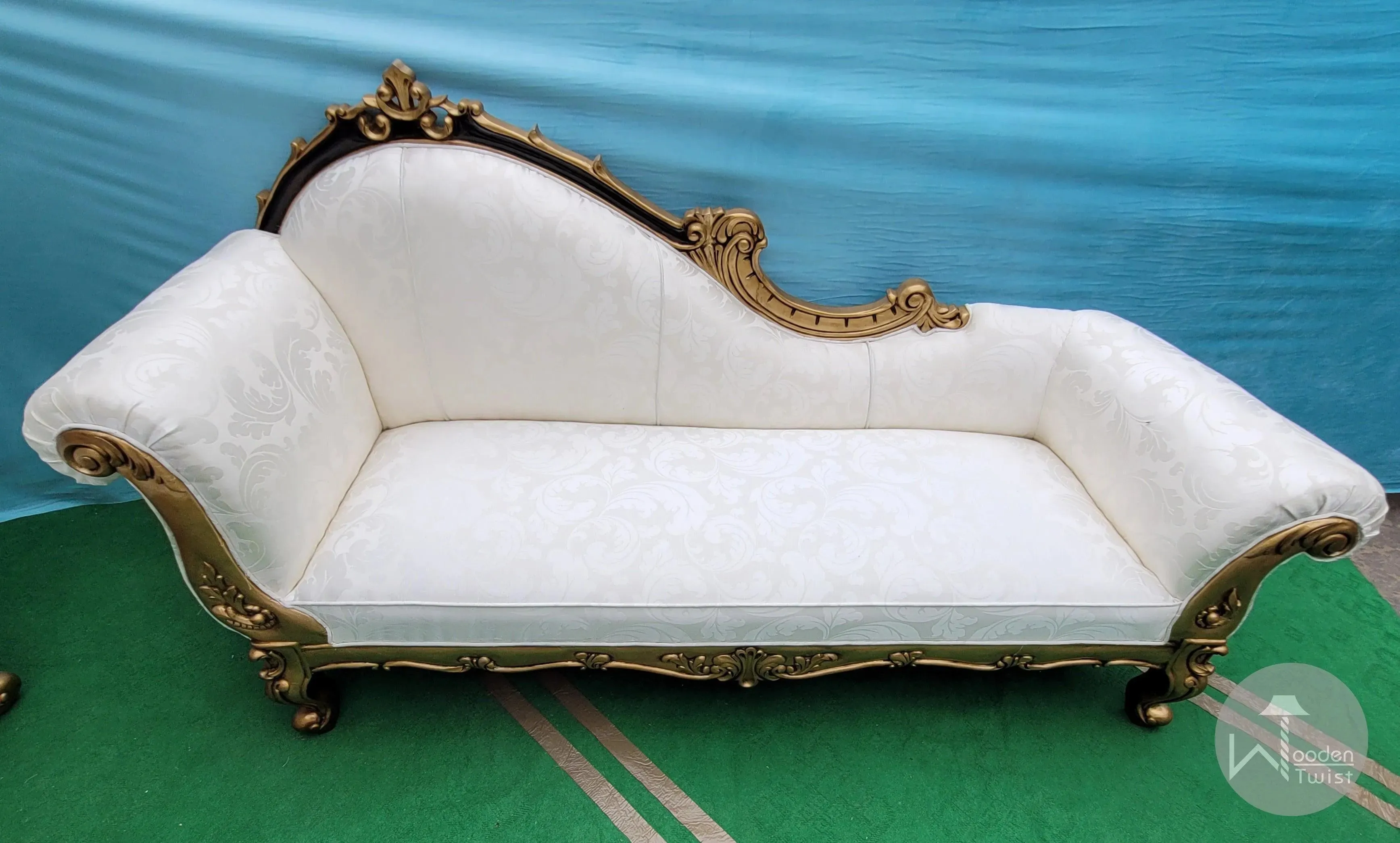 Wooden Twist Traditional Teak Wood Hand Carved Deewan Chaise Lounge Golden Finish Couch for Elegant Home Décor