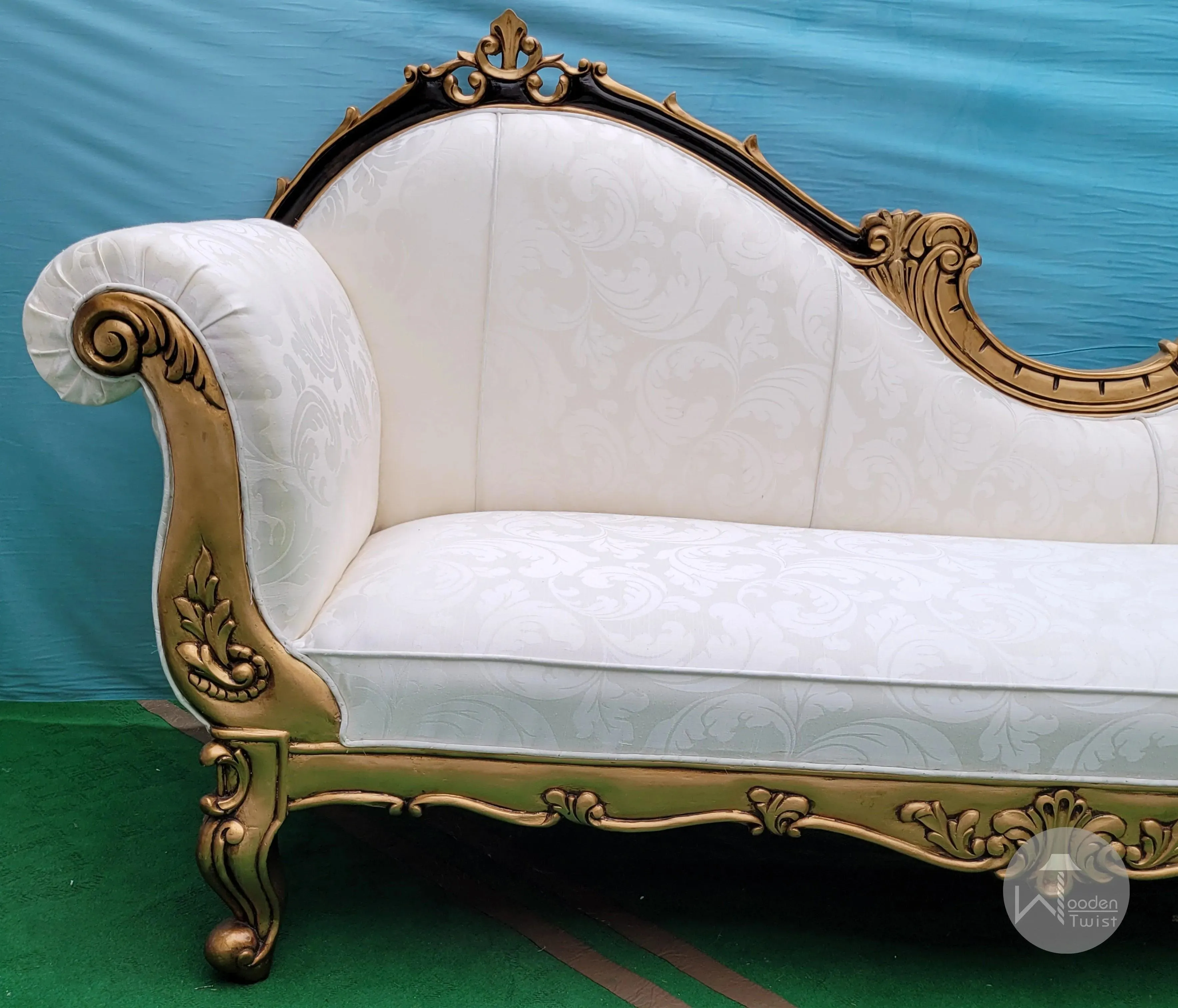 Wooden Twist Traditional Teak Wood Hand Carved Deewan Chaise Lounge Golden Finish Couch for Elegant Home Décor