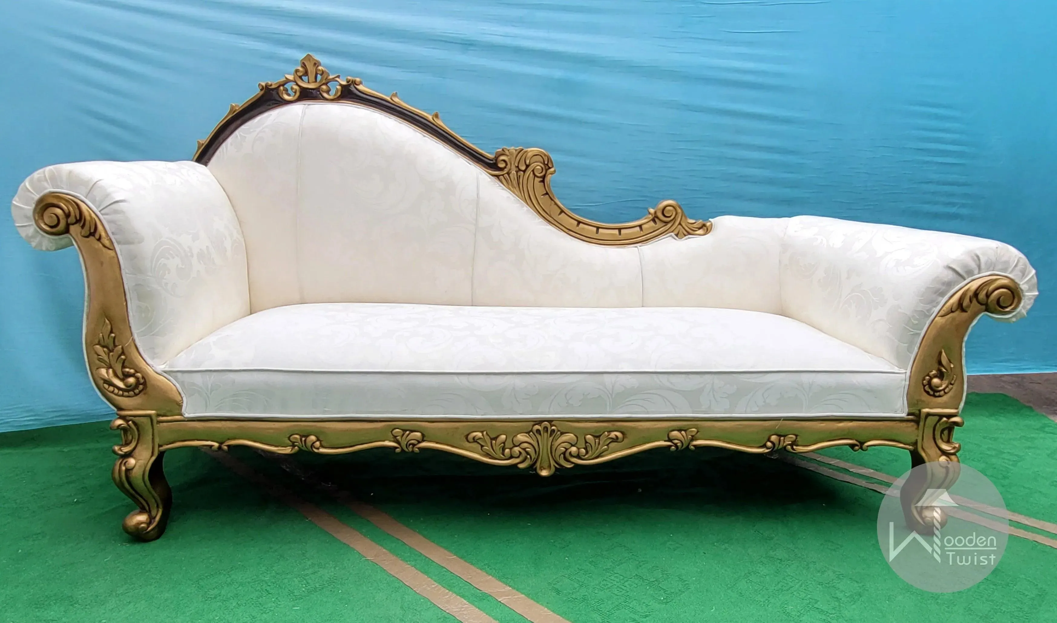 Wooden Twist Traditional Teak Wood Hand Carved Deewan Chaise Lounge Golden Finish Couch for Elegant Home Décor